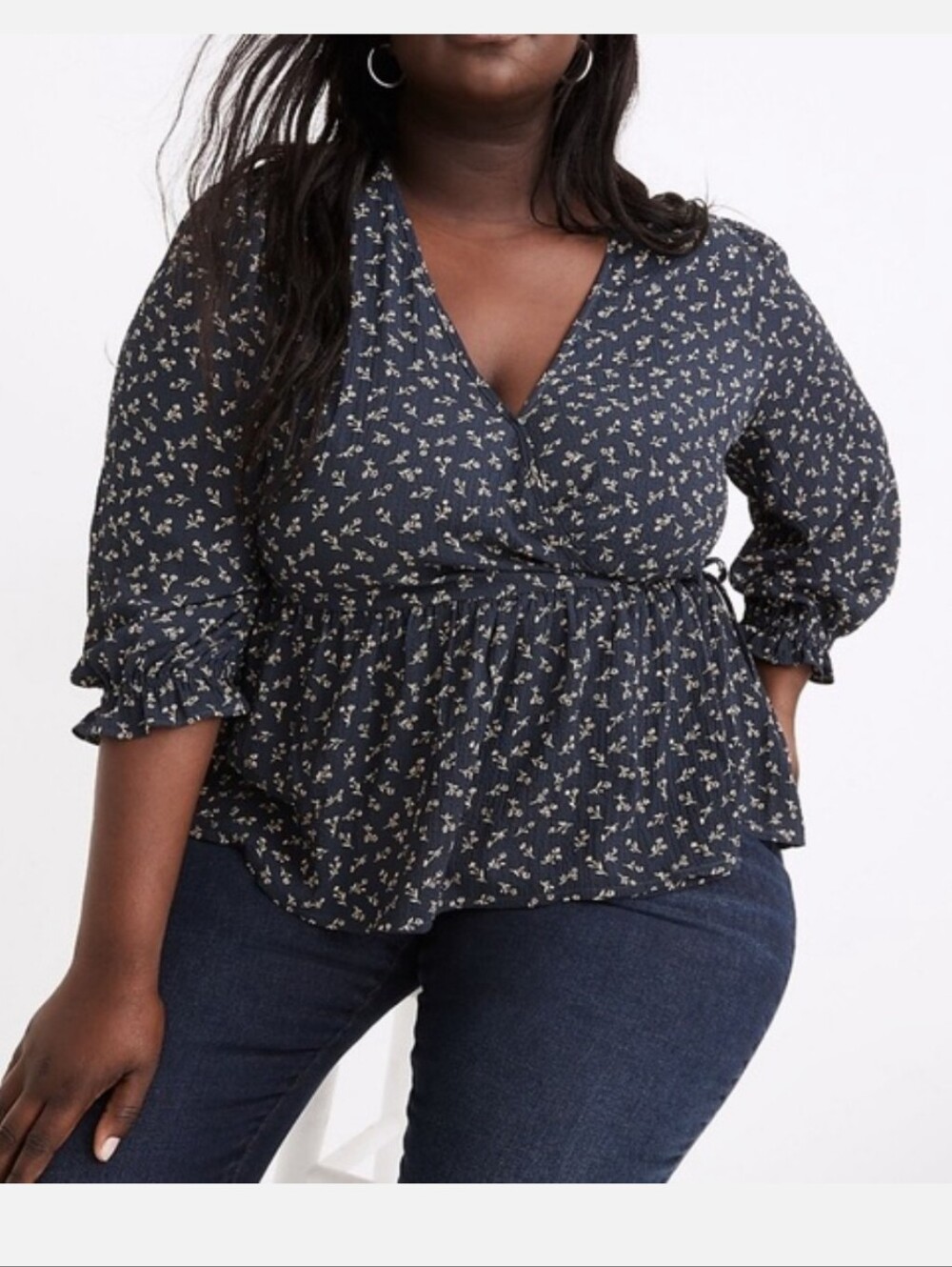 Madewell Blue Wrap Top XS Ditzy Floral Cottage Boho Ruffle Coquette Casual